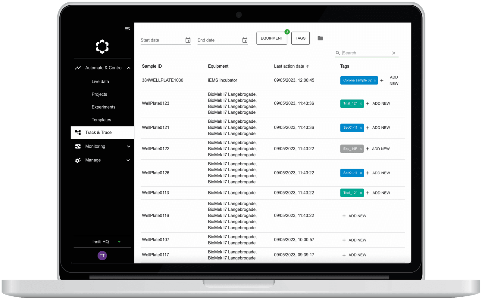 Inniti sample tracking view with a full audit trail