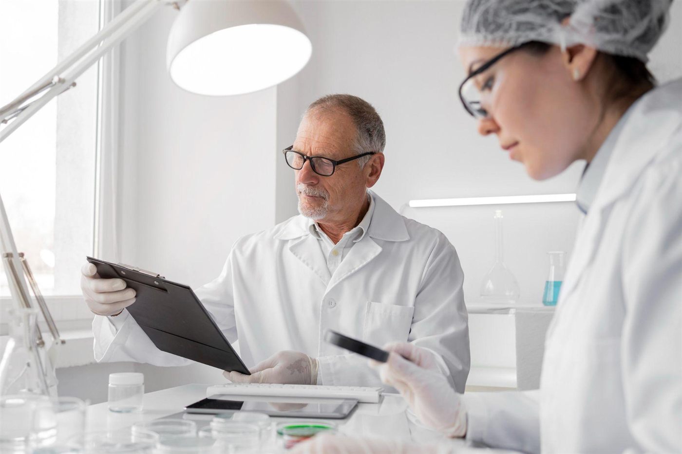 Scientists reviewing notes in a laboratory